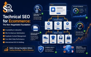 Technical SEO for Ecommerce infographic showing site architecture