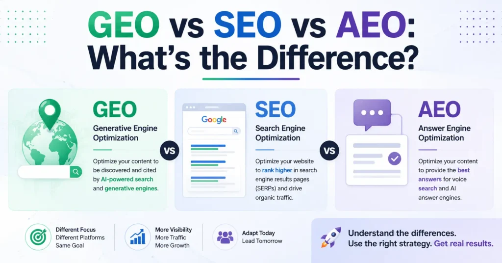 GEO vs SEO vs AEO What’s the Difference